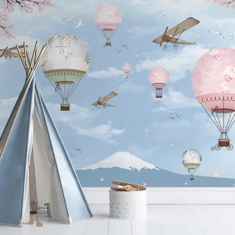 Cherry Blossom with Soft Hot Air Balloon Wallpaper Mural