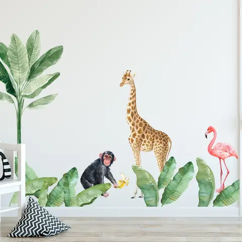 Kids Tropical Animals with Palm Leafs Wall Decal Sticker