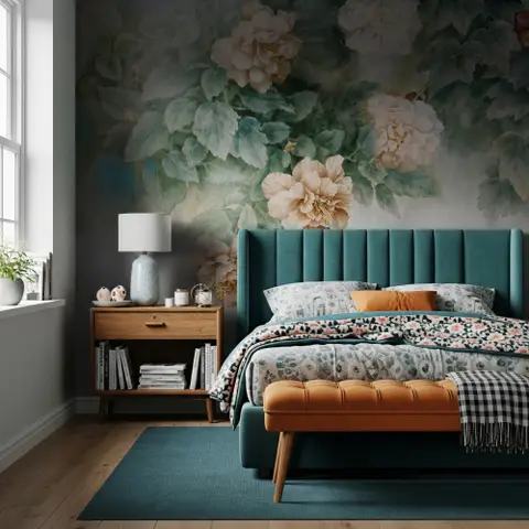 Vintage Floral and Green Leaf Wallpaper Mural