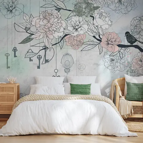 Hanging Keys on Floral Tree Wallpaper Mural