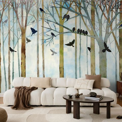 Vintage Abstract Forest and Black Bird Wallpaper Mural