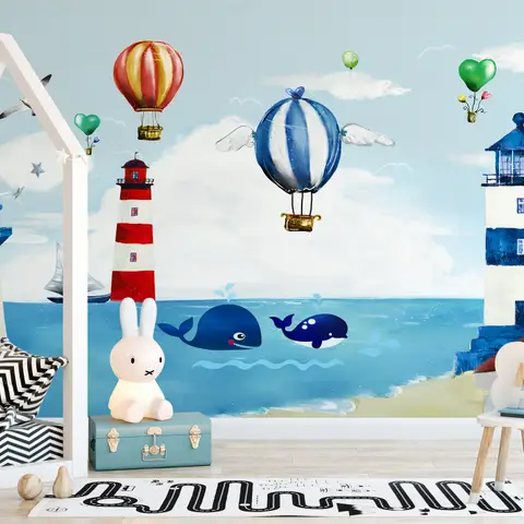 Watercolor Lighthouse with Hot Air Balloons Wallpaper Mural