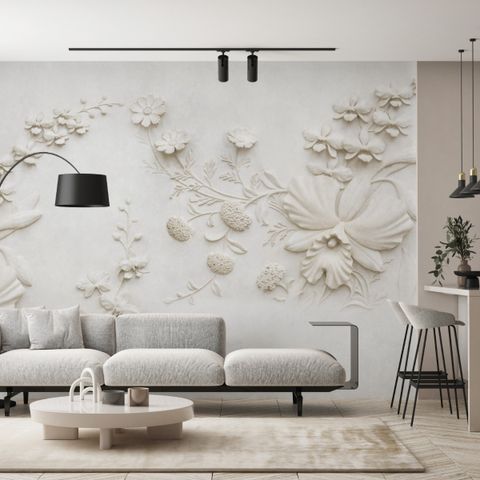 3D Embossed Look Cement Lily Flower Wallpaper Mural