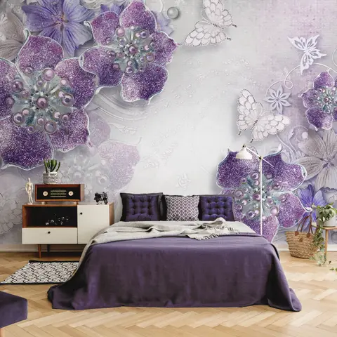 Purple Ornament Floral with Little Butterfly Wallpaper Mural