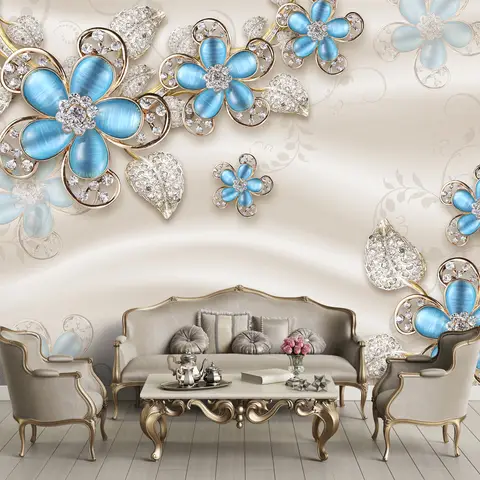 Blue Floral with Jewellery Leaf Wallpaper Mural