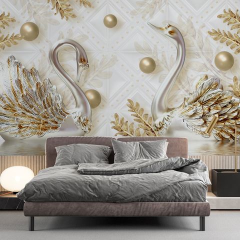 3D Look Swan and Leaf with Water Pattern Wallpaper Mural