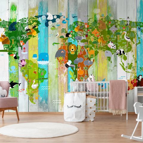 Kids World Map on the Colorful Wood Wallpaper Mural