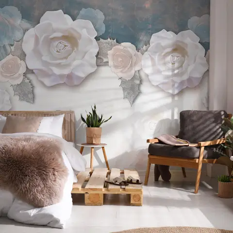 Vintage White Rose Floral Wallpaper Mural