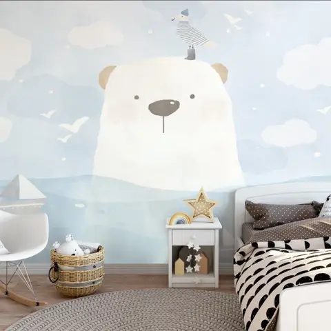 Cartoon Bear with Nightscape Wallpaper Mural