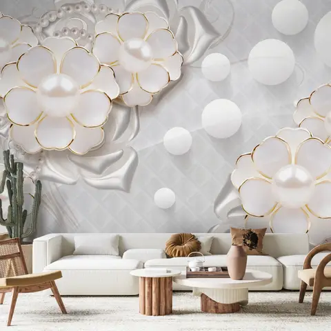 3D Look White Pearl Flower Wallpaper Mural