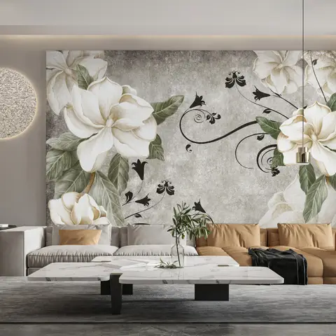 Vintage Cream Flowers Art Wallpaper Mural