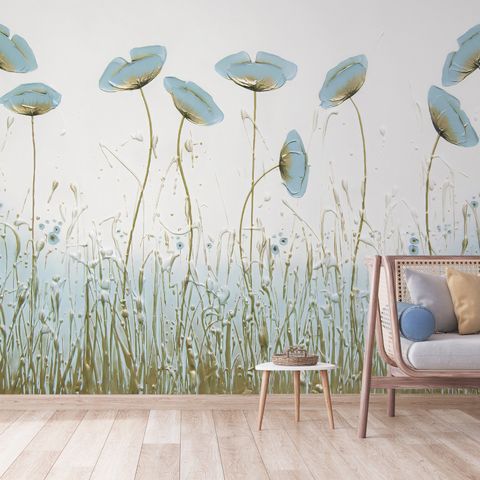 Oil Painting Blue Poppy Flowers Wallpaper Mural