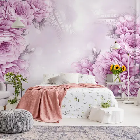 Drawn Pink Peony Floral Wallpaper Mural