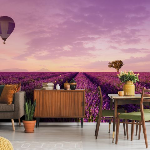 Serene Sunset Lavender and Balloon Landscape Wallpaper Mural