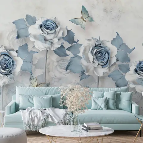 Soft Blue Floral Wallpaper Mural