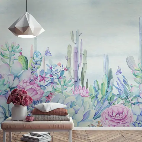 Vintage Hydrangea Flowers and Cactuses Wallpaper Mural