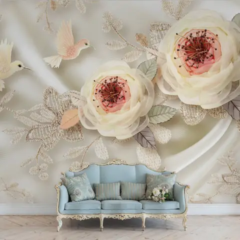 Soft Bloom Lace Bird Wallpaper Mural