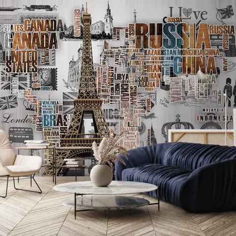 Papier peint panoramique typographie pays et Tour Eiffel