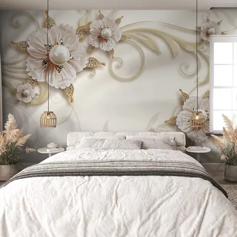 3D Look Pearl Daisy Floral Wallpaper Mural