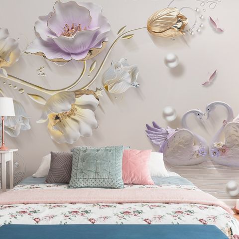 3D Embossed Look Tulip Floral with Swan Wallpaper Mural