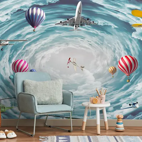 Hot Air Balloon and Airplanes on The Sky Wallpaper Mural