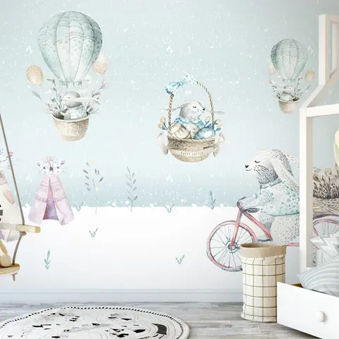 Cartoon Winterscape and Squirrels with Hot Air Balloons Wallpaper Mural