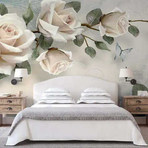 Beautiful White Roses and Butterflies Wallpaper Mural