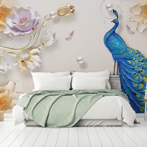 3D Embossed Look Tulip Floral with Peacock Wallpaper Mural