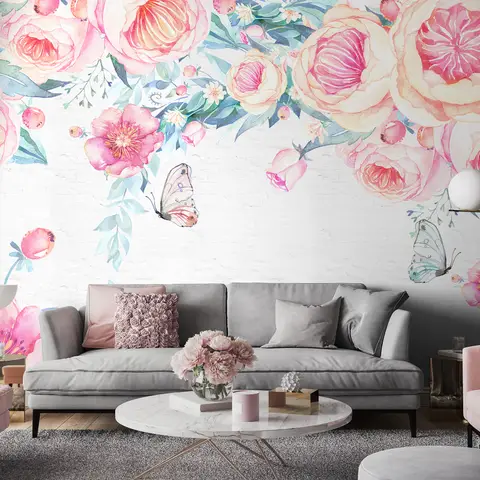 Vintage Watercolor Pink Flowers Wallpaper Mural