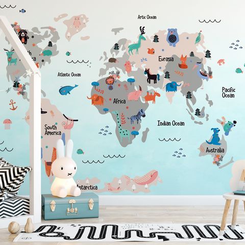Kids World Map with Cute Animals Wallpaper Mural