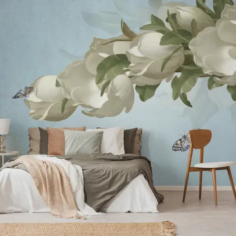 Gardenia Floral and Butterfly Wallpaper Mural