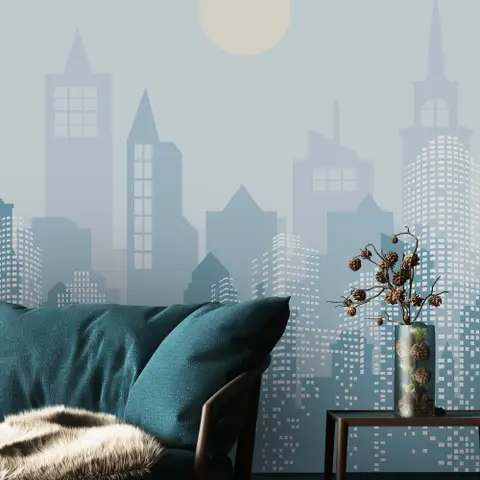 Blue Monochrome Cityscape and Soft Sun Wallpaper Mural
