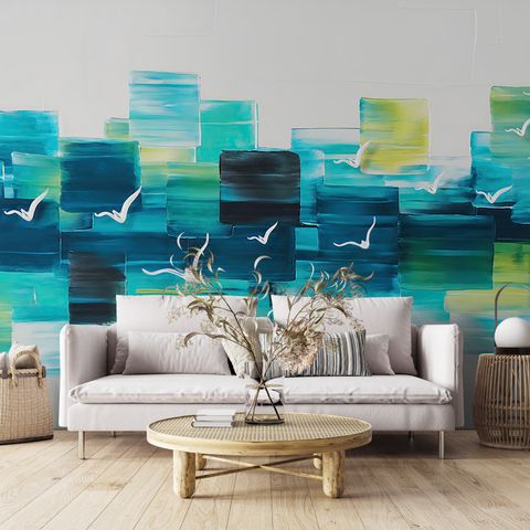 Abstract Turquoise Square Pattern Wallpaper Mural