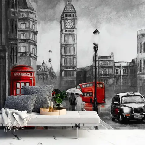 Monochrome Charcoal City Landscape and Red Bus Wallpaper Mural