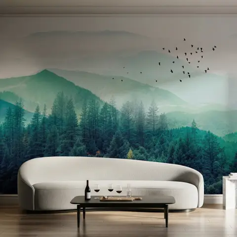 Misty Green Forest with Birds Wallpaper Mural