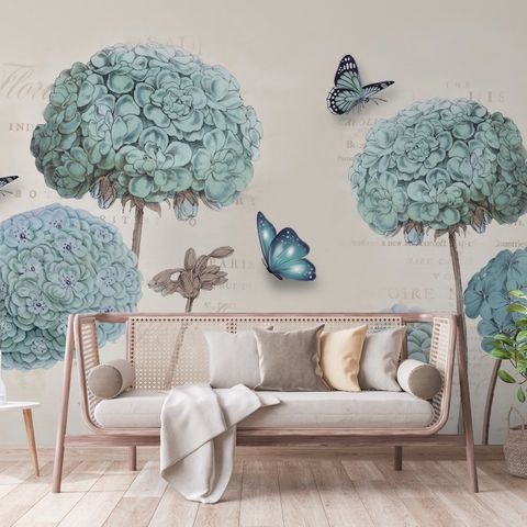 Papier peint panoramique Hortensia, fleurs et papillons bleu clair