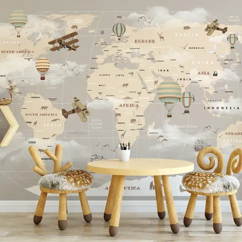 Beige Kids World Map with Hot Air Balloon Wallpaper Mural