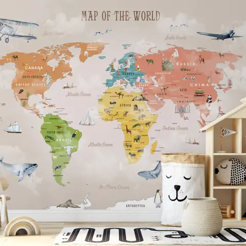 Colorful Kids World Map Wallpaper Mural