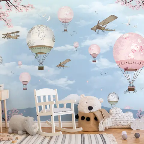 Cherry Blossom with Soft Hot Air Balloon Wallpaper Mural