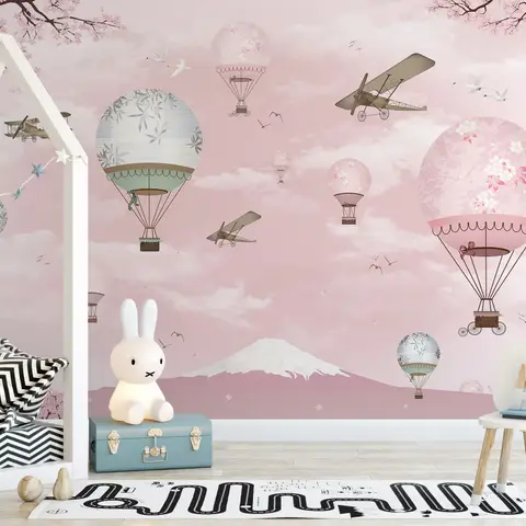 Cherry Blossom with Pink Hot Air Balloon Wallpaper Mural