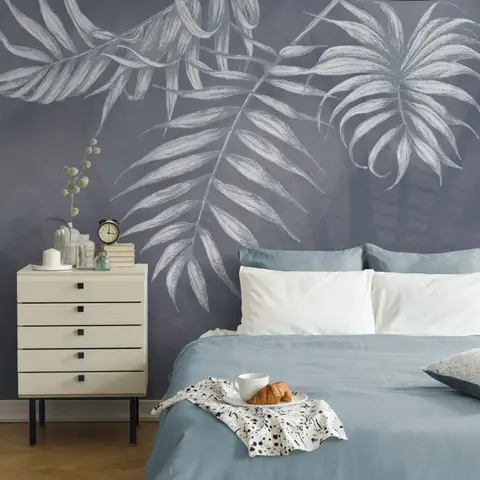 White Tropical Leafy Wallpaper Mural