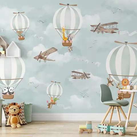 Kids Nursery Hot Air Balloon with Cartoon Animals Wallpaper Mural