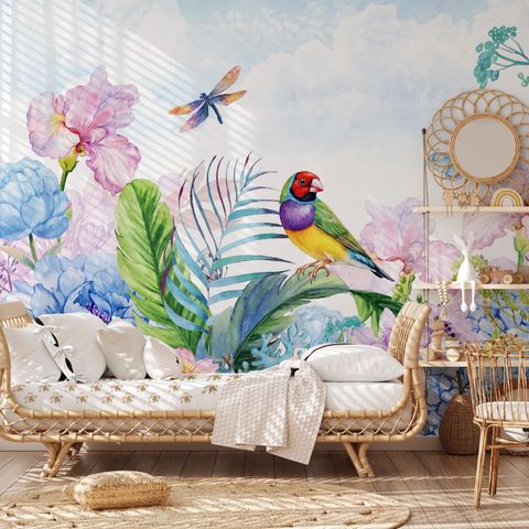 Hydrangea and Peony with Parrot Wallpaper Mural