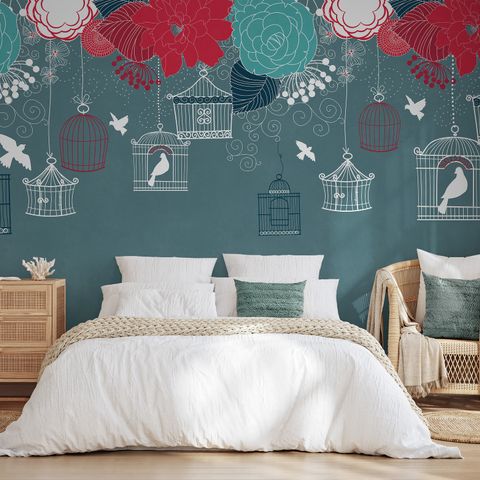 Cage Birds and Colorful Flowers Wallpaper Mural