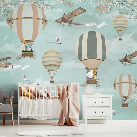 Hot Air Balloon with Animals Wallpaper Mural