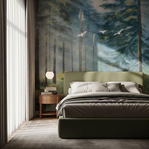 Papier peint panoramique paysage forestier brumeux à l'aquarelle