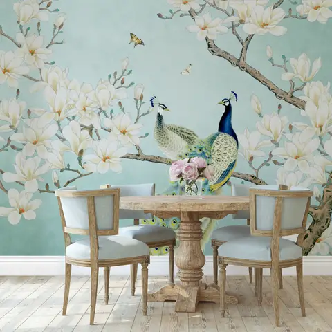 Peacock with Magnolia Blossom Wallpaper Mural