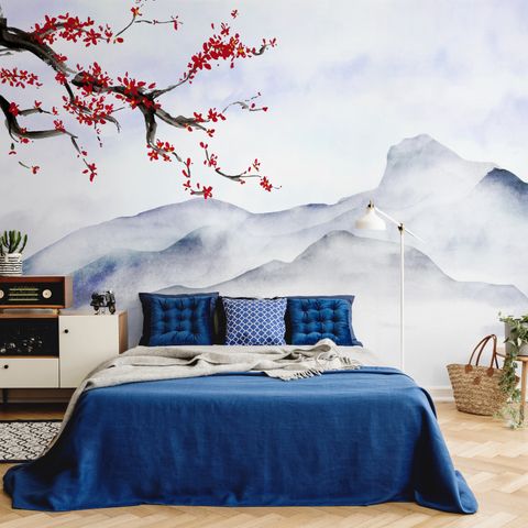 Snowy Mountainscape with Cherry Blossom Wallpaper Mural