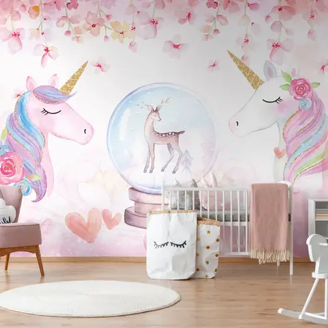 Papier peint licorne filles fleurs roses enfants