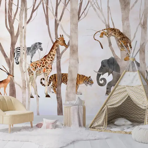 Watercolor Wild Animals Wallpaper Mural